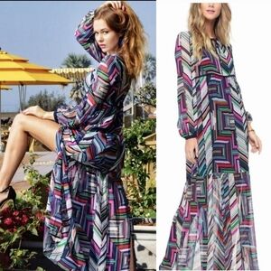 ​Juicy Couture Black Label Women's Maxi Dress Abstract Chevron Boho Long Slv XS